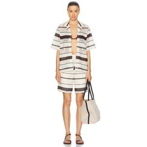 WAO Crochet Stripe Camp Shirt in Natural & Brown Medium New Womens Top